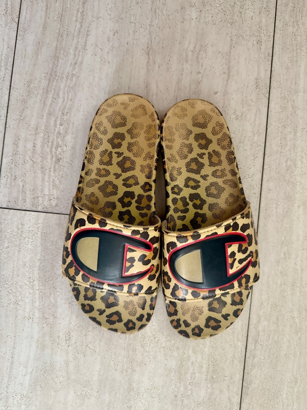 Champion Leopard Print Slide Sandals - Gold and Brown